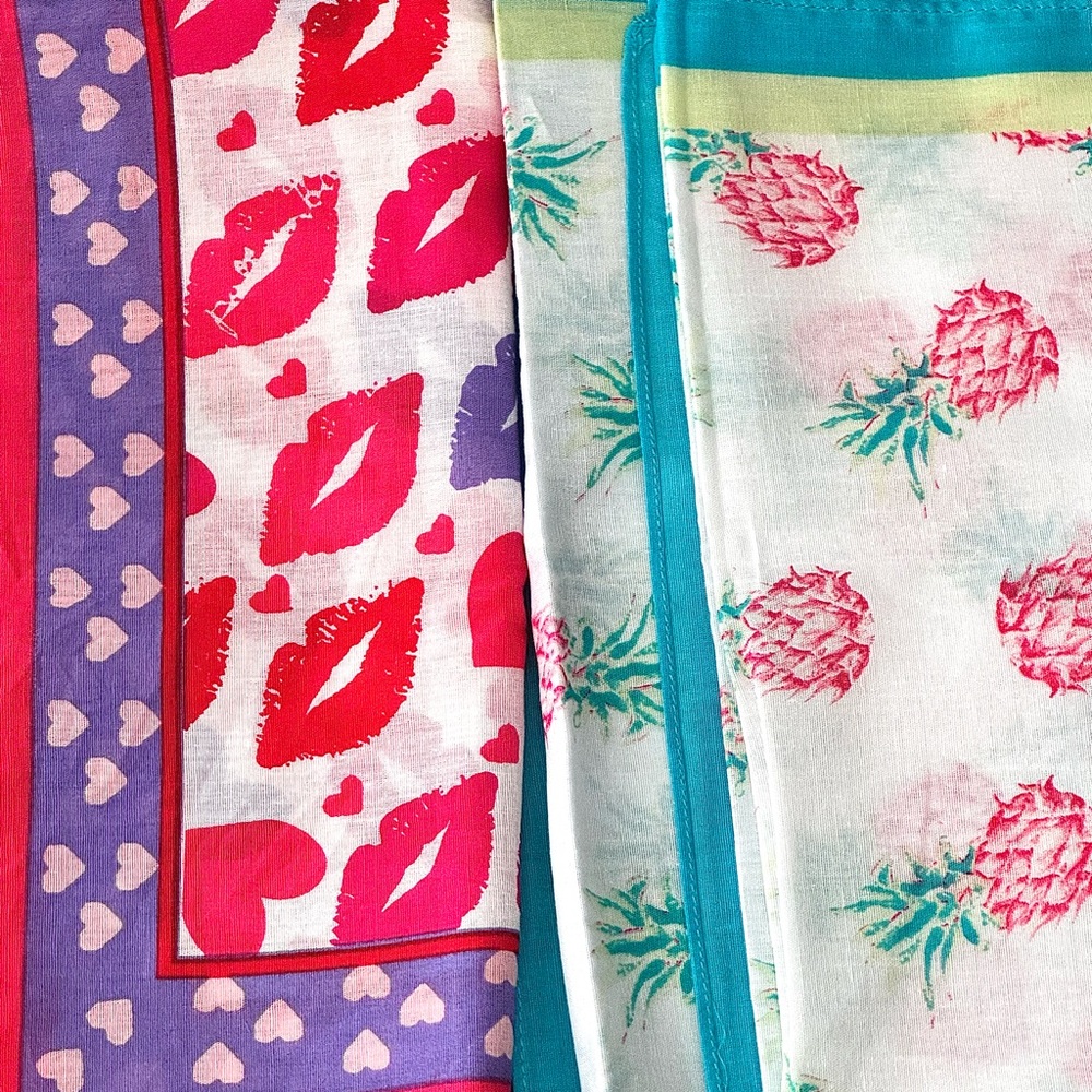 3 Whimsical Bandanas 
2 Pineapples and 1 Red Hot Lips